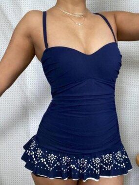 Profile by Gottex Nave Swimdress with Laser Cut Out Ruffle Skirt Sz 10